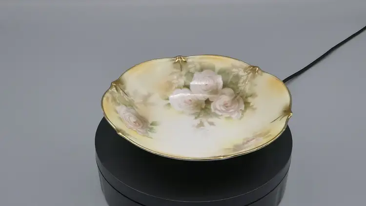 Antique RS Prussia White Rose Scalloped Vanity Bowl Dish Shabby Flowers Gilt Yellow Gradient 5"