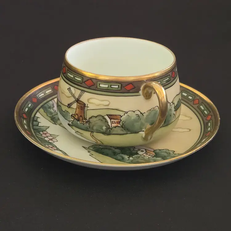 Tea Cup Saucer Porcelain Nippon Morimura Bros Art Deco Windmill made in Japan Vintage