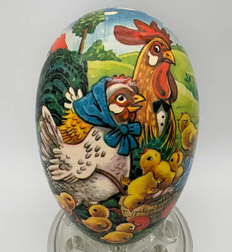 Vintage 7” Paper Mache Easter Egg Chickens Candy Container