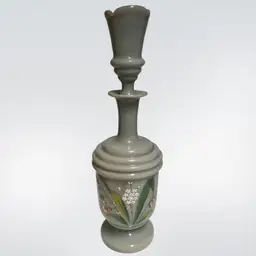Gray Opaline Glass Decanter with Stopper- Hand-Painted Antique- Floral & Gilded Details - 10.5” Tall W Stopper, 3” Wide