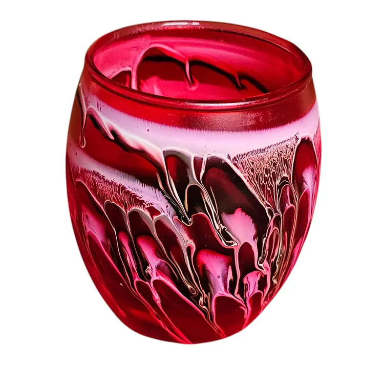 VINTAGE RED WITH WHITE & BLACK DRIP LAVA TEA LIGHT CANDLE HOLDER MADE IN TAIWAN. GORGEOUS COLOR, PERFECT FOR VALENTINE'S DAY. 3X2X1.25 #TD200227
