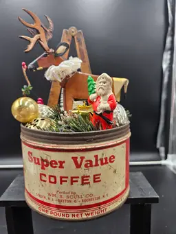 Christmas Assemblage #??  Santa and deer, Super Value Coffee Can