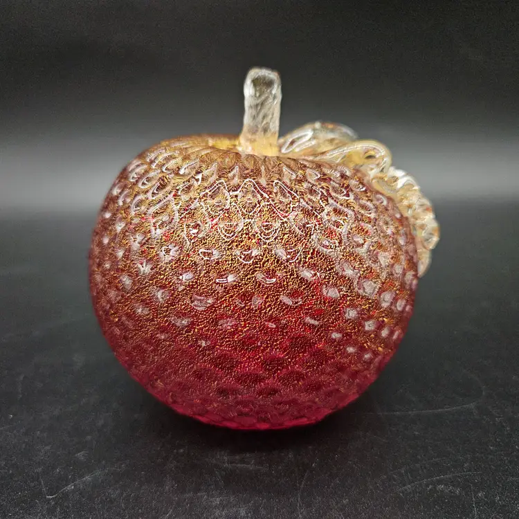 Vtg Murano Italy Glass Fruit Gold Flecks Aventurine Burgundy Red Apple With Leaf