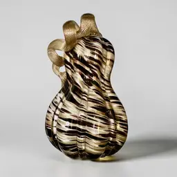 Hand Blown Gourd w/Coiled Stem. Brown Metallic Glitter Stripes Glass Art Decor