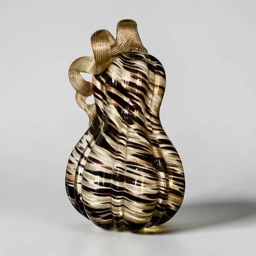 Hand Blown Gourd w/Coiled Stem. Brown Metallic Glitter Stripes Glass Art Decor