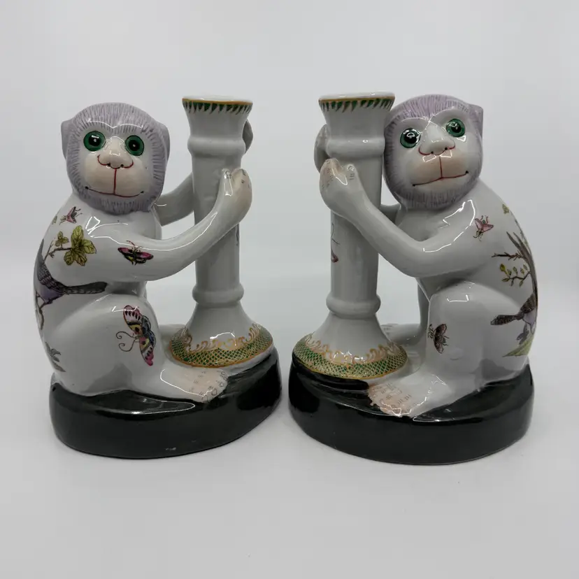 Pair Of “WONG LEE" Monkey Candle Holders Butterflies Birds Purple Hair 8”