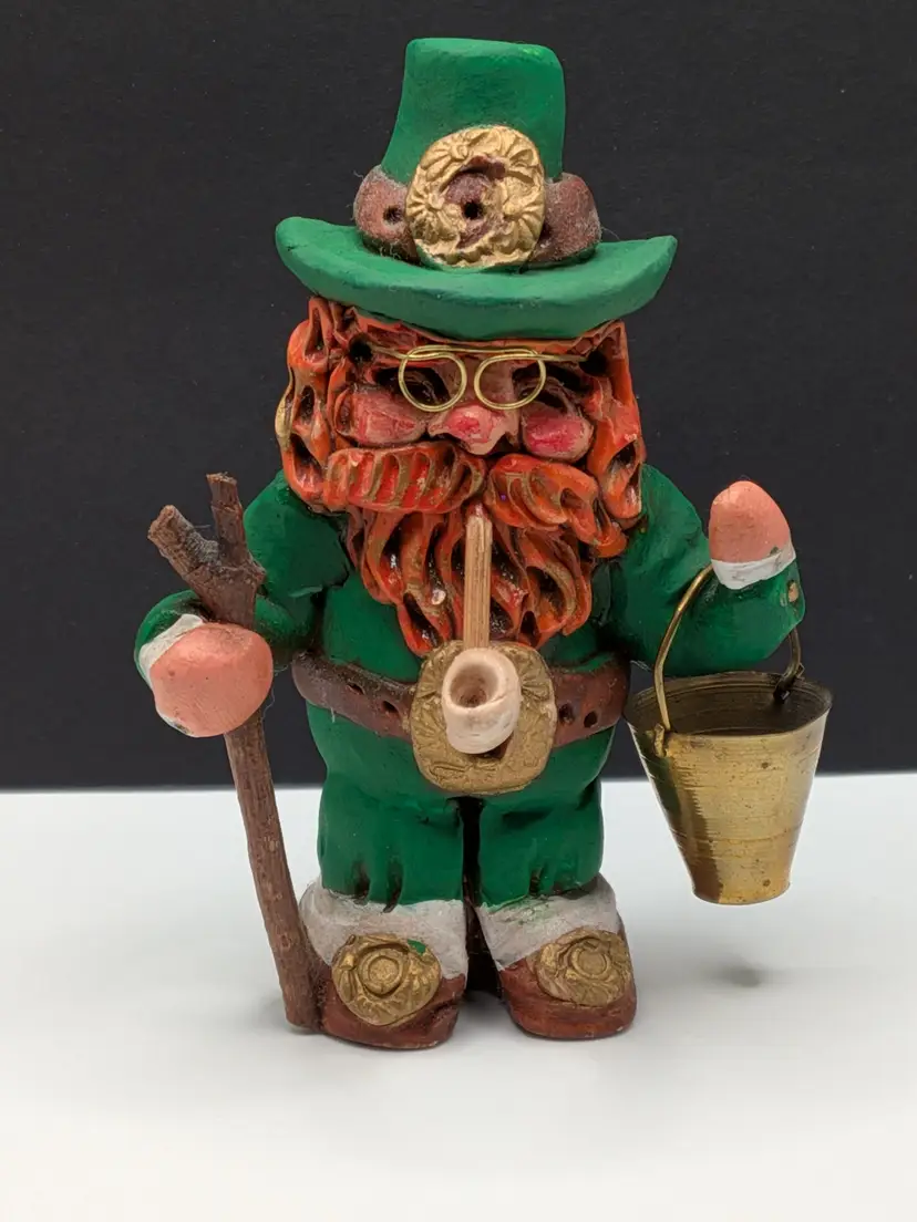 Folk Art Handmade Hand Painted Polymer Clay THE ENCHANTED REALM by PAT LANE DIAZ Wausau, WI ST. PATRICK'S DAY ST. PATTY'S DAY LEPRECHAUN GOLD Accents