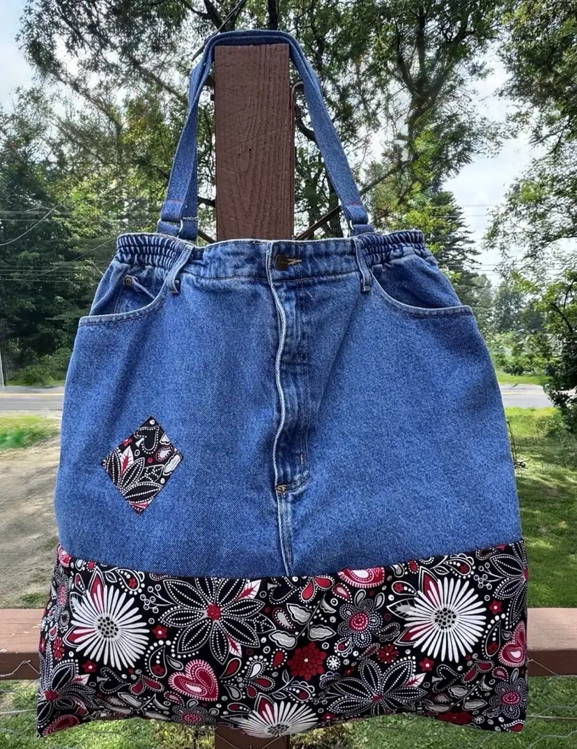 Jeans Handmade Large Repurposed Denim Blue Jeans Bag Tote For Beach, Groceries, Work, Or Purse Handbag