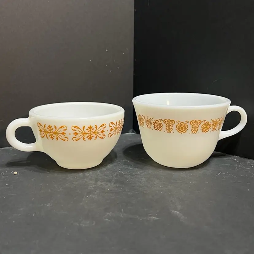 Pair Of Mismatched Vintage Pyrex Coffee Cups, Copper Filigree (left) & Butterfly Gold (right) Patterns, One Each