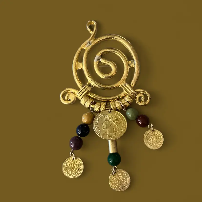 Swirly Gold Tone Brooch with Dangling Beads & Coins