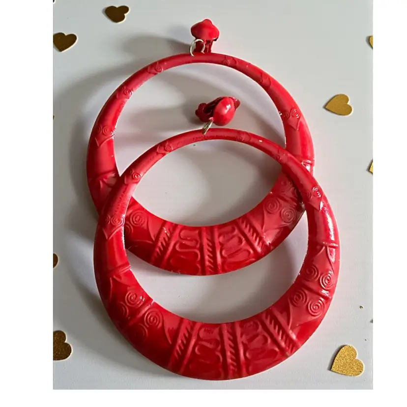 Huge Red Enamel Heart Clip On Hoop Earrings 3β 2 Of 2
