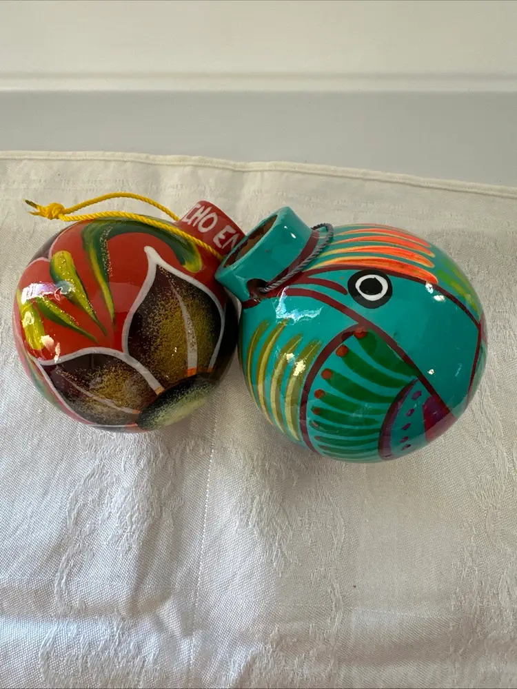 2- Talavera Christmas Balls Ornament Mexican Ceramic Folk Art Pottery Birds By