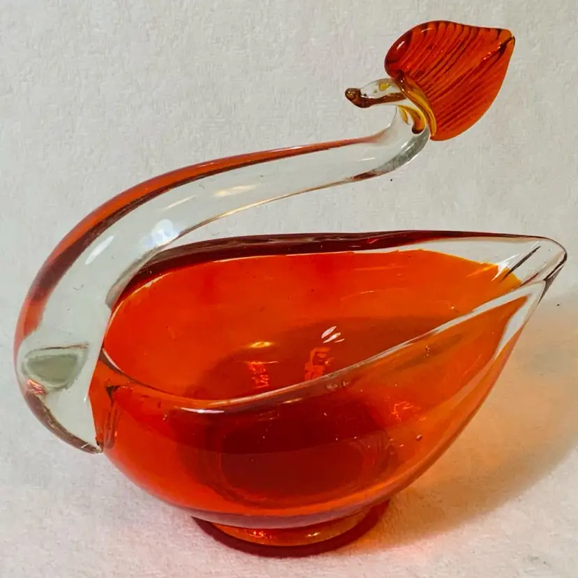 Art Glass Swan Bowl Trinket Dish Orange and Clear Glass Made In Japan