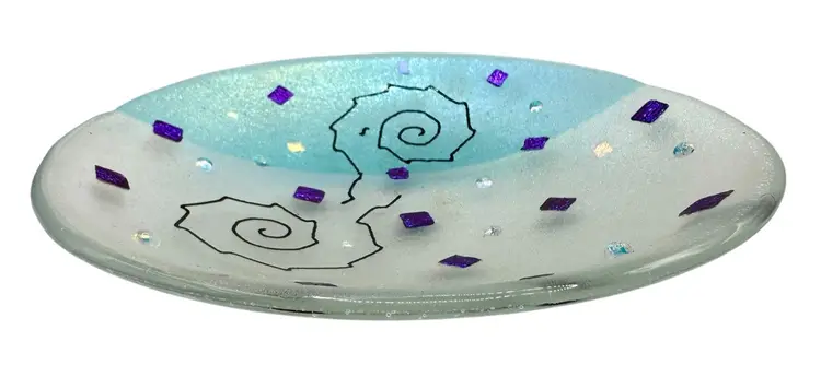 Fused Studio Art Glass Low Bowl Round Iridescent Blue Abstract Swirl 8.5”