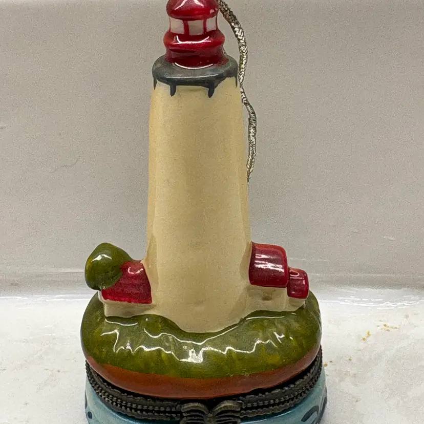 Lighthouse Hinged Trinket Hidden Box Ceramic Ivory And Red