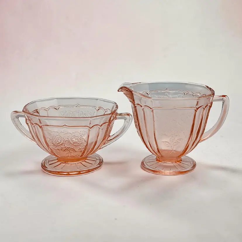 Pink Depression Glass Anchor Hocking Mayfair Open Rose Creamer & Sugar Bowl Set