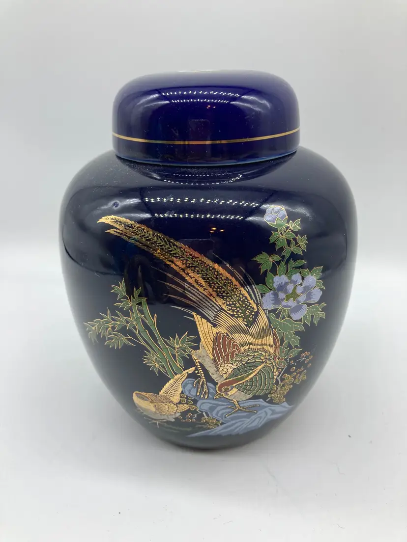 Vintage Japanese Style Gilded Pheasant Design Lidded Ginger Jar