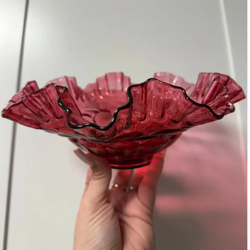 Fenton Double Crimp Ruffle Jacqueline Cascading Bubble Pattern Cranberry Glass Console Bowl 9x4β