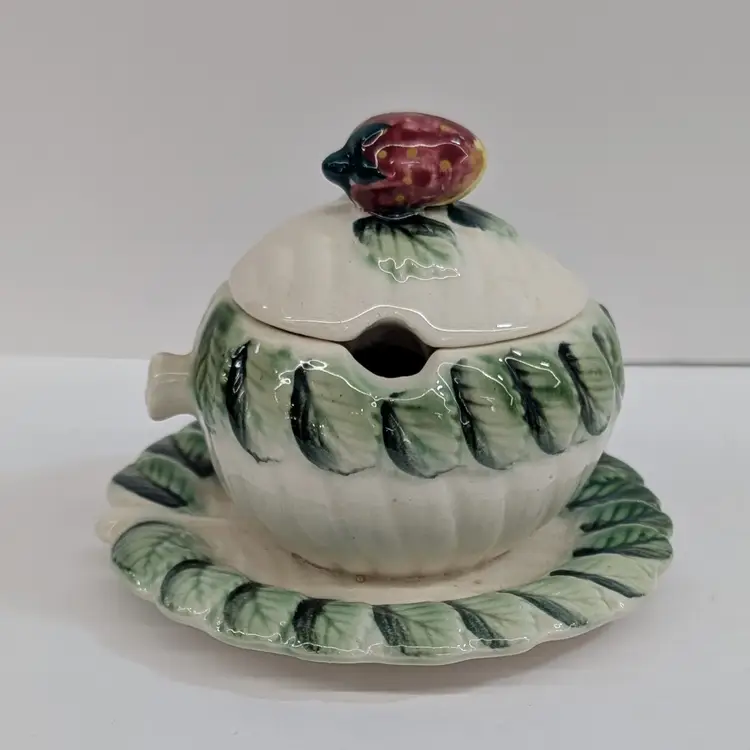 Vintage Strawberry Jam Jelly Sugar Dish With Lid Figural Handle Hand Painted
