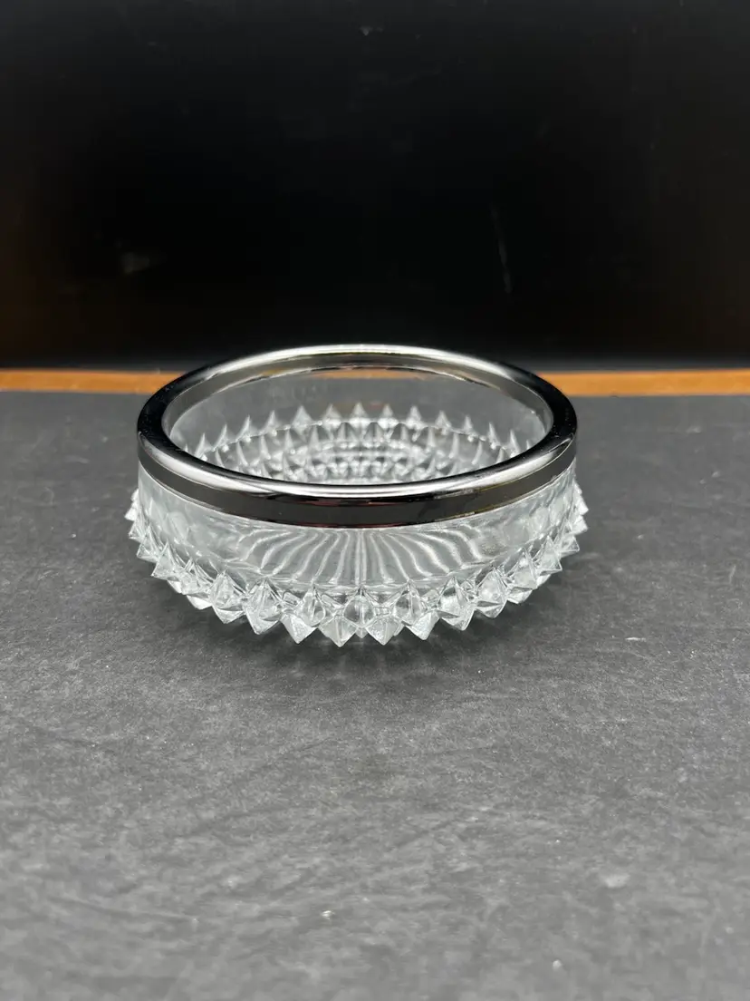 #610B Vintage Lead Crystal Bowl, Silver Plate Rim Marked ‘Genuine Crystal Made in England’