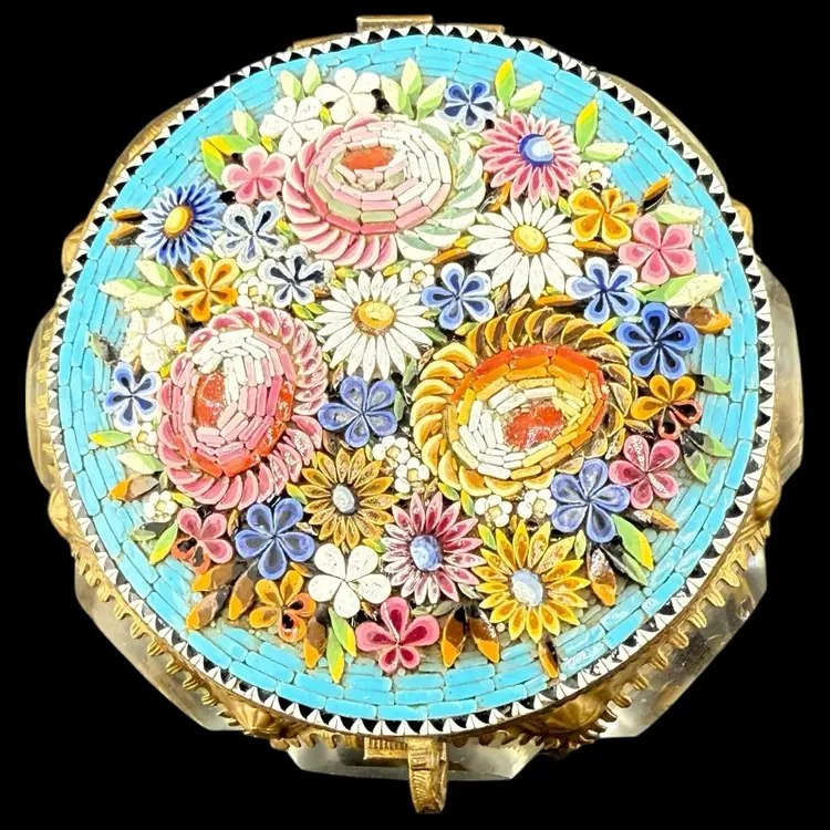Antique Micro Mosaic Jewelry Casket with Glass Windows 4”x2.75”