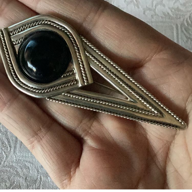 Vintage Sterling Silver Brooch Onix Cabochon Modernist Style 3” 23 Grams