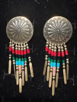 Native American sterling silver concho earrings with bead and tine tassels.