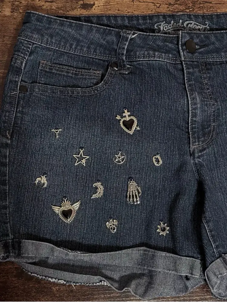 Reworked Hand Embroidered Denim Silver Black Punk Rock Charms Dark Mini Shorts US Size 14/L