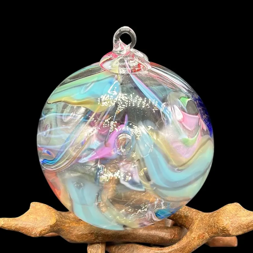 Hand Blown Art Glass Rainbow Colors Signed Hanging Orb Ornament | 3”