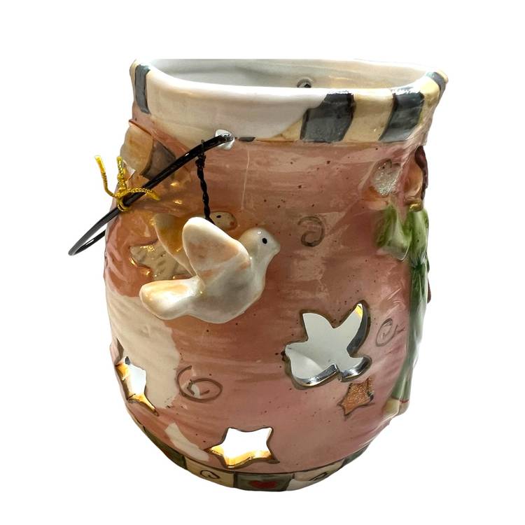 023. Hangable Ceramic Angel Wire Handle Flashed Votive Candle Holder