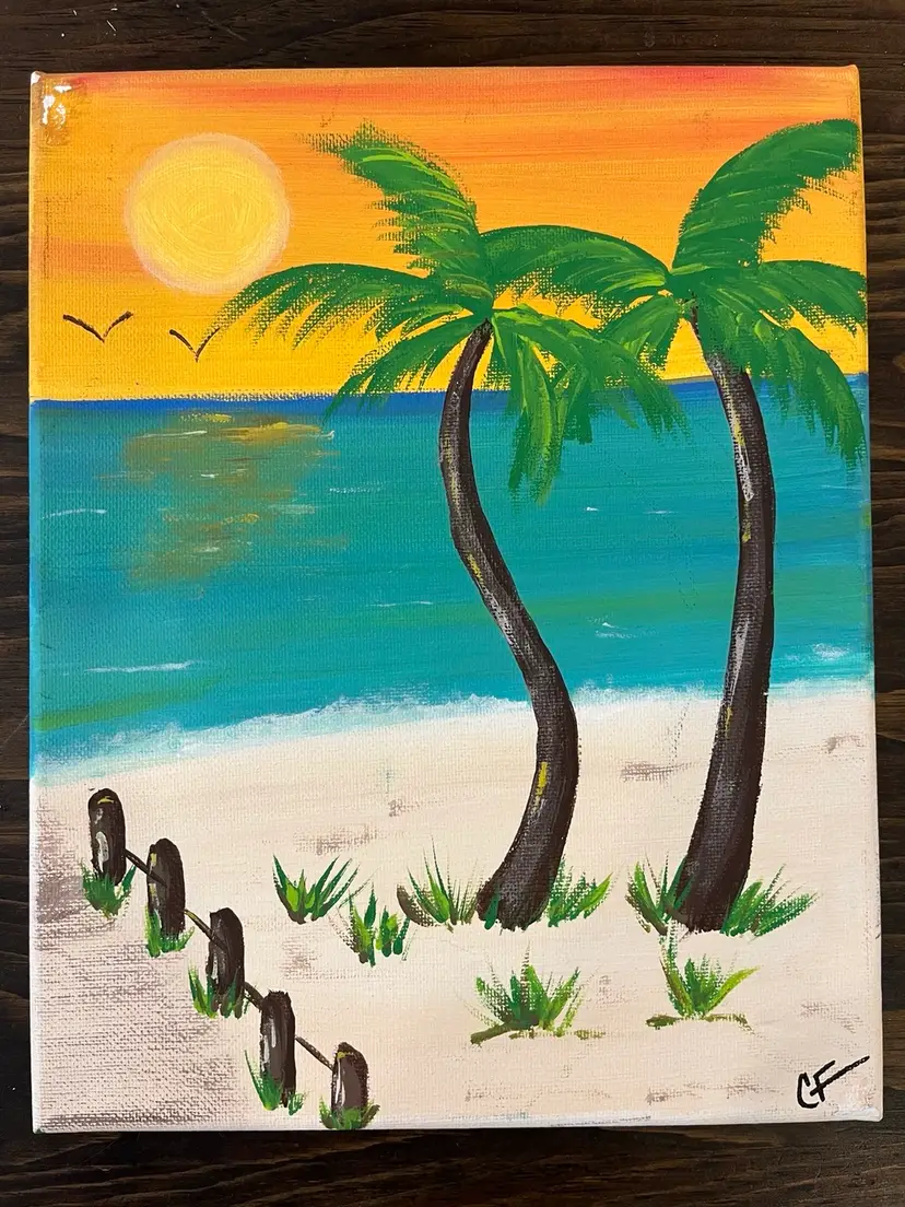 8x10 Acrylic Palm Sunset With Birds On Stretched Canvas