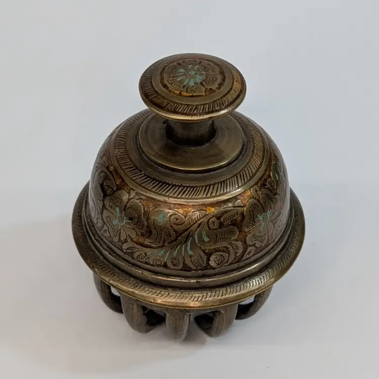 Vintage Indian Elephant Claw Bell Brass Floral Leaf Etching Enamel Details 3.5”