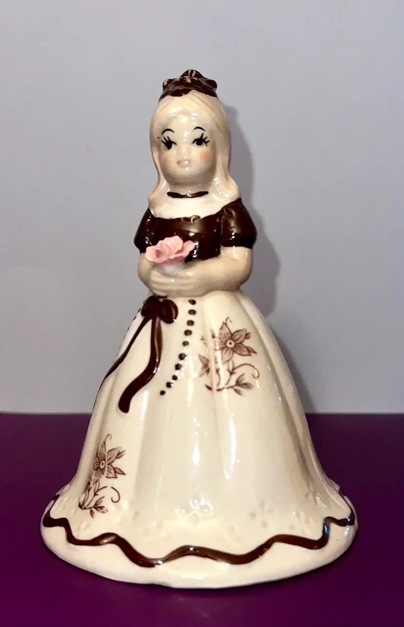 Vintage Porcelain Bell Girl With Brown Floral Dress Blonde Hair