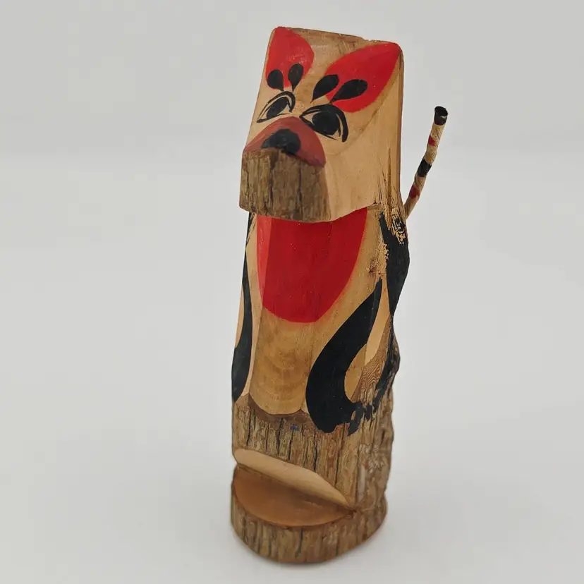 Japanese Signed Wooden Carved Dog Figurine