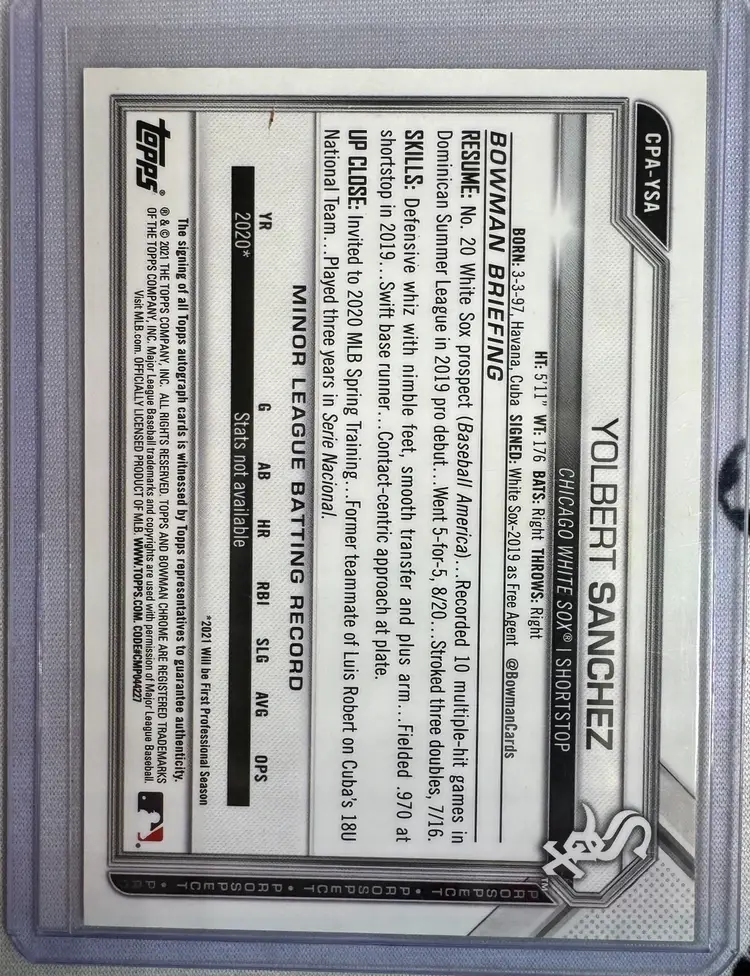 2021 Bowman Chrome Yolbert Sanchez 1st Auto Braves Chicago White Sox