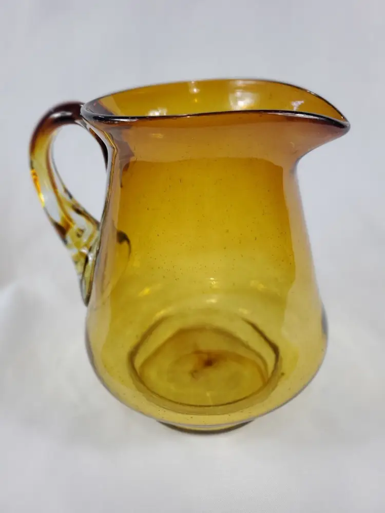 Vintage Handblown Amber Art Glass Miniature Pitcher With Handle 7 1/2"