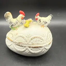 Vintage Lefton Chickens On Bisque Porcelain Egg Trinket Box