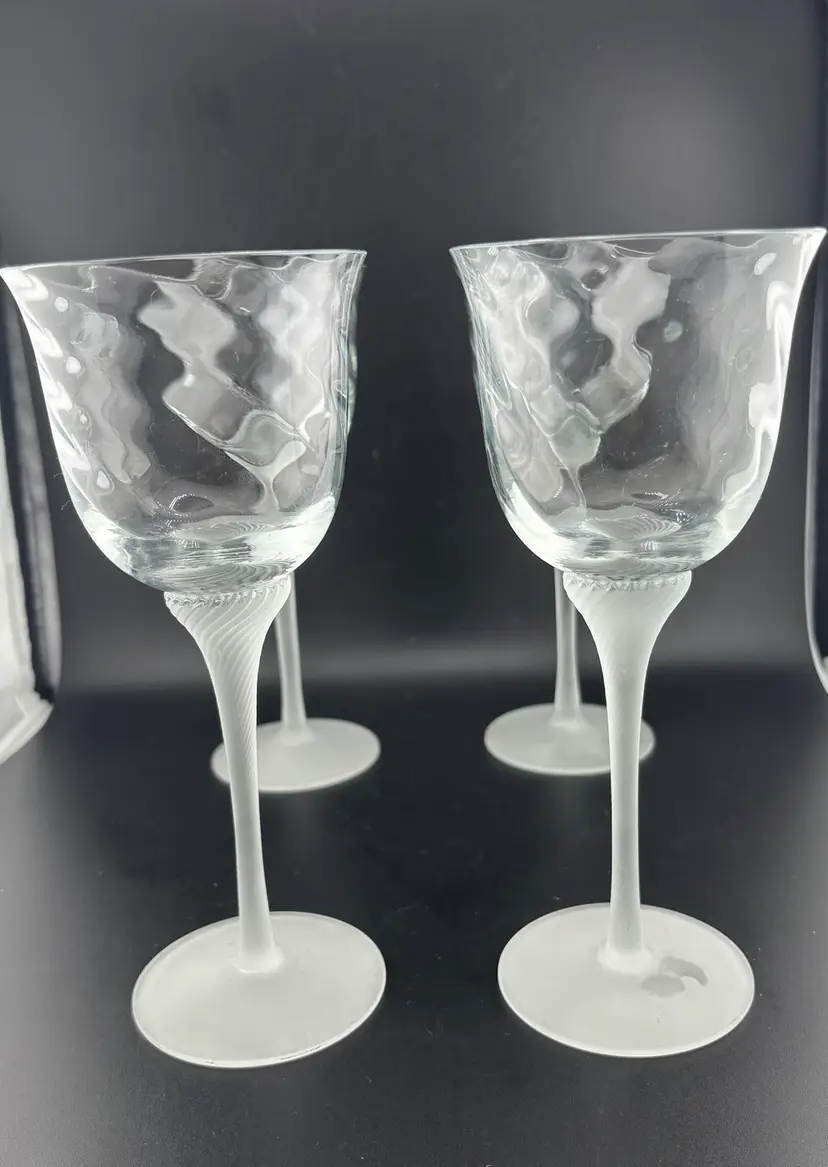 4 Clear Crystal Glass VALERIE Optic Swirl White Satin Wine Glasses