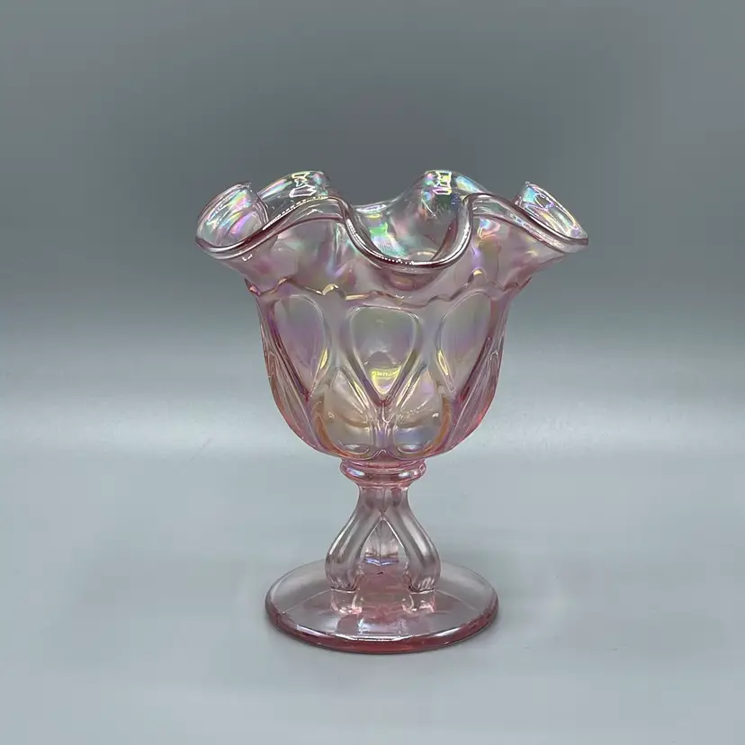 Fenton Glass Pink Pearl Teardrop Compote Triple Stem Iridescent