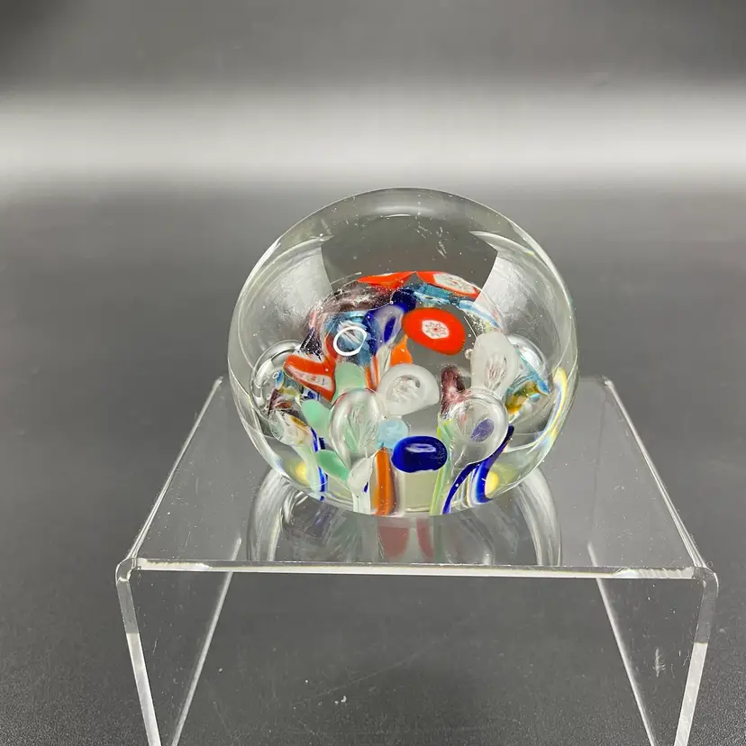 Lenwile Ardalt Glass Paperweight Japanese Ribbon Millefiore Flower Original Label