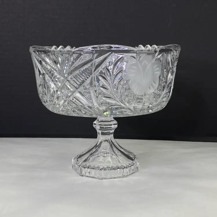 Vintage Cut Crystal Trifle Bowl Pedestal Base With Etched Floral Design
