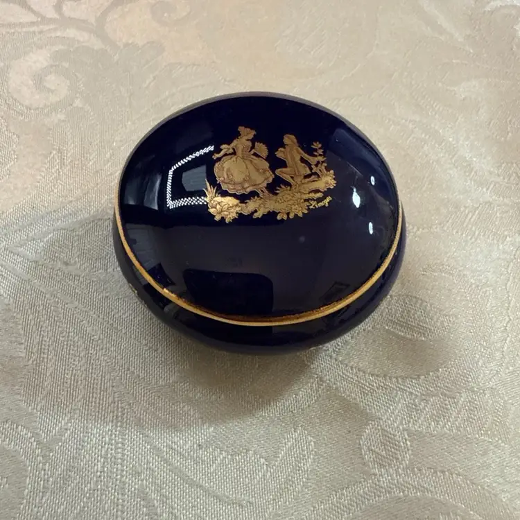 FM Limoges France Cobalt Blue “The Proposal” Trinket Dish