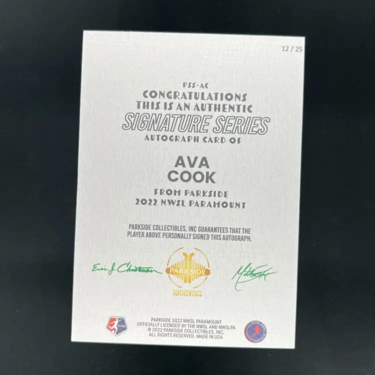 Ava Cook 2022 Parkside Paramount NWSL Autograph /25 Soccer Card