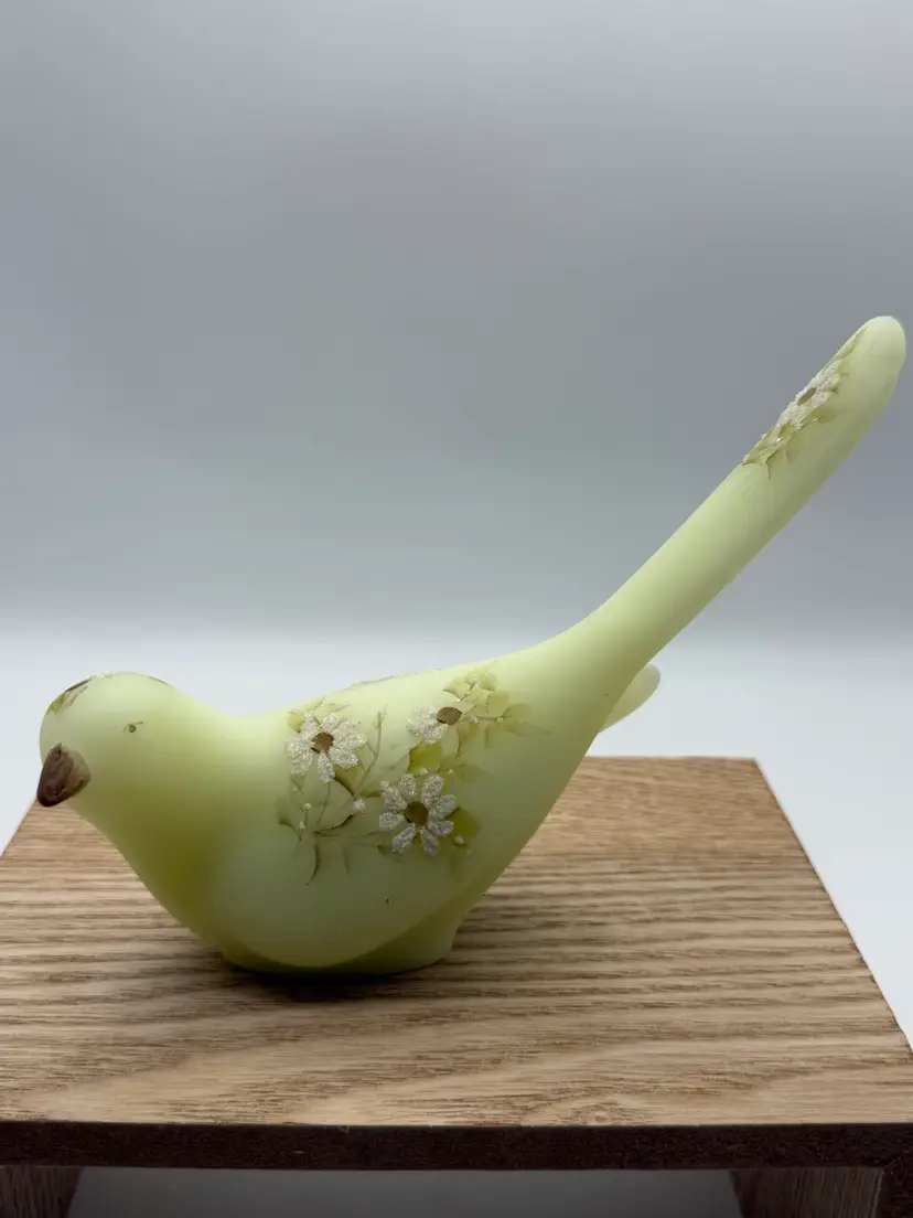 24. Fenton Custard Uranium Glass Floral Hand Painted Long Tail Bird