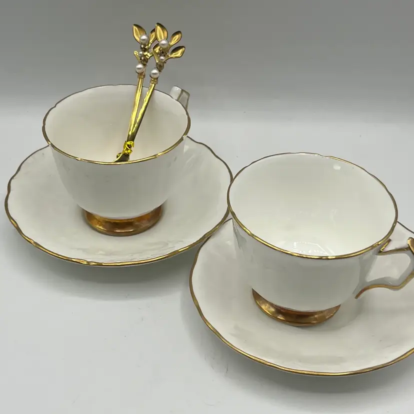 Ansley “Golden Crown” Tea Cups And Saucers With Matching Spoon Hand Decorated By Me Set Of 2