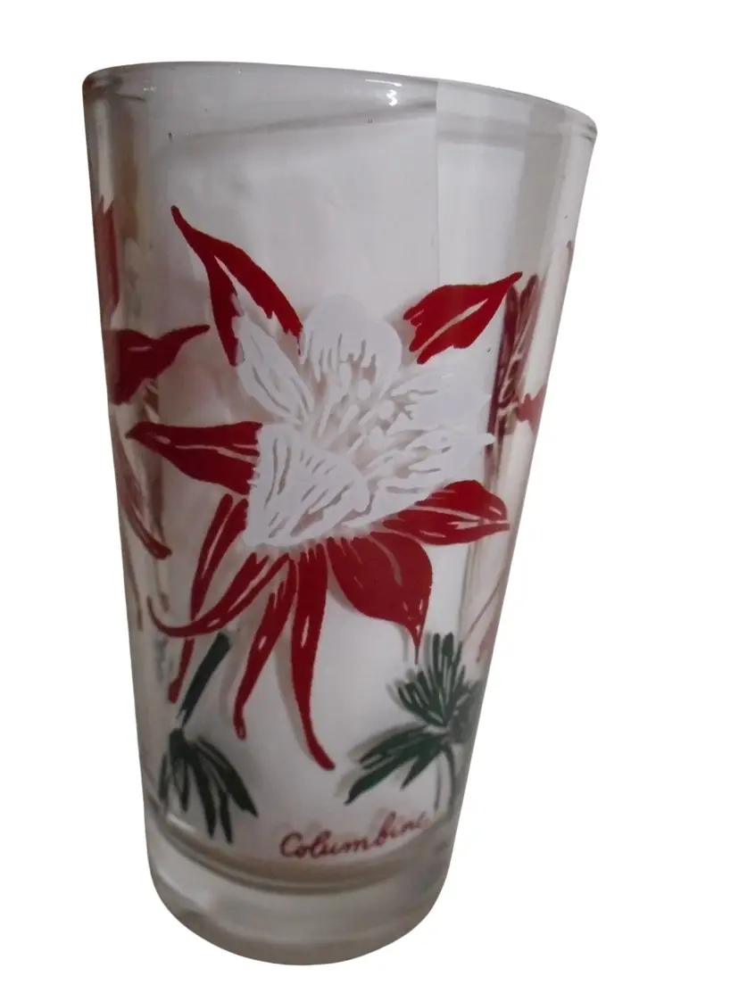 Vintage Glass Boscul Peanut Butter COLUMBINE Red White Backward 3 for Script E