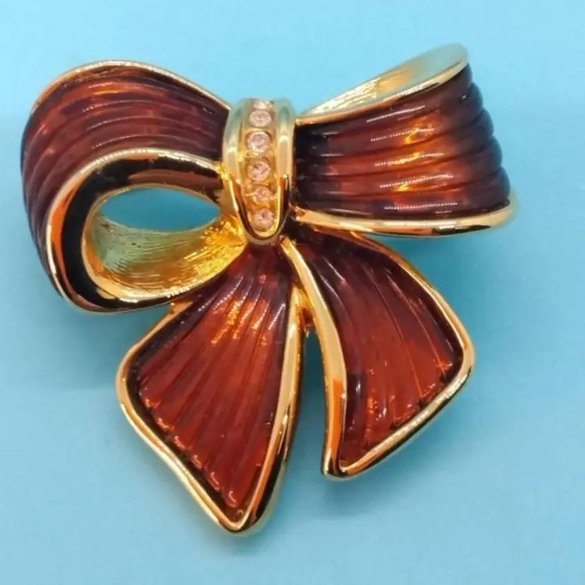 Vintage Enameled Gold-Tone Bow Brooch with Rhinestones, Designed By JOAN RIVERS