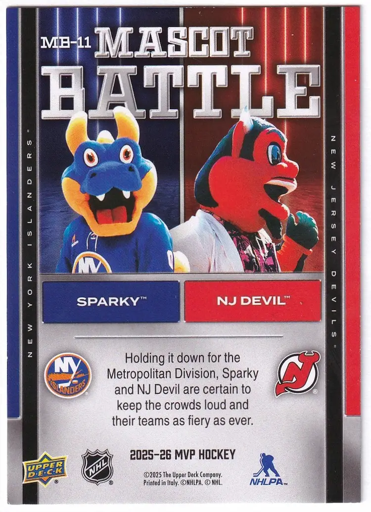 2025-26 Upper Deck MVP Mascot Battle #MB11 Sparky The Dragon / N.J. Devil New York Islanders / New Jersey Devils Hockey Card