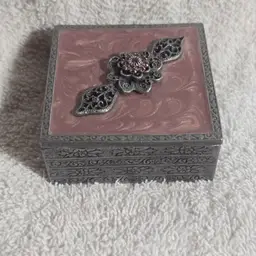 Pink Enamel Metal Trinket Box Filigree Flower Rhinestone Keepsake