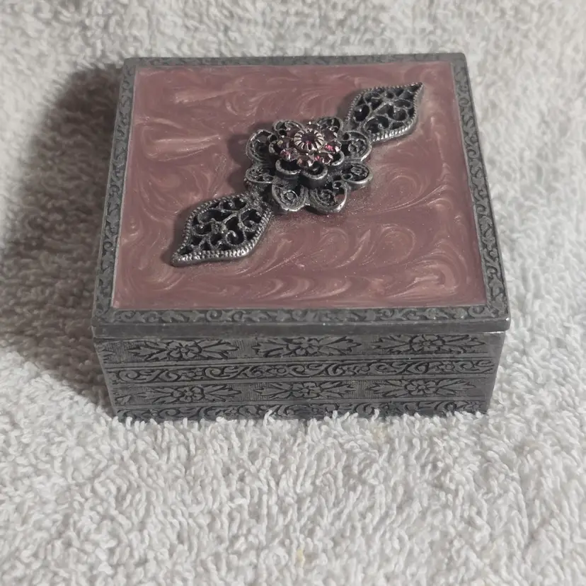 Pink Enamel Metal Trinket Box Filigree Flower Rhinestone Keepsake